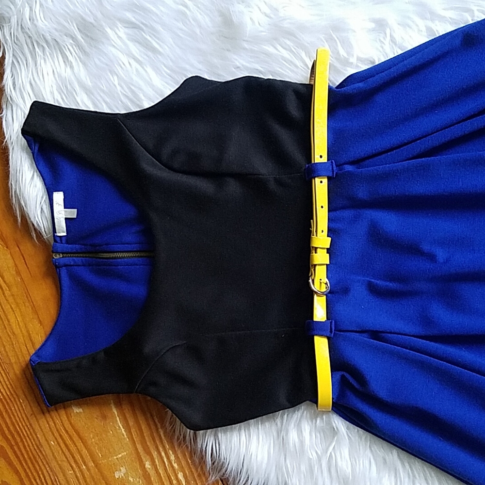Blue & Black Sleeveless Dress with Yellow Belt - Picture 2 of 5